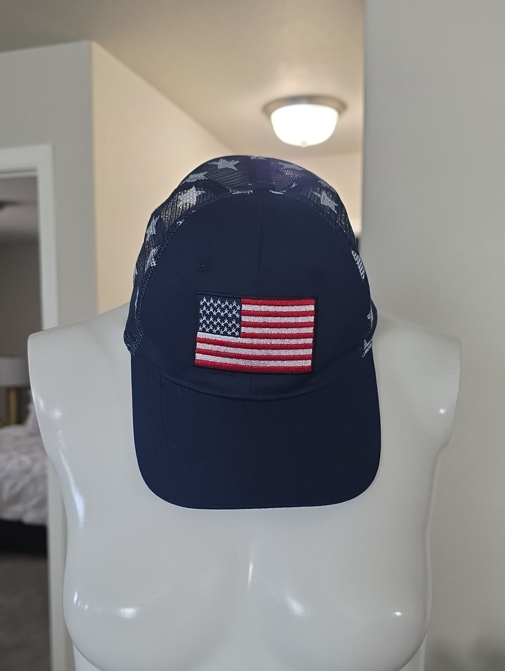 Womens Navy Trucker Hat with American Flag Patch